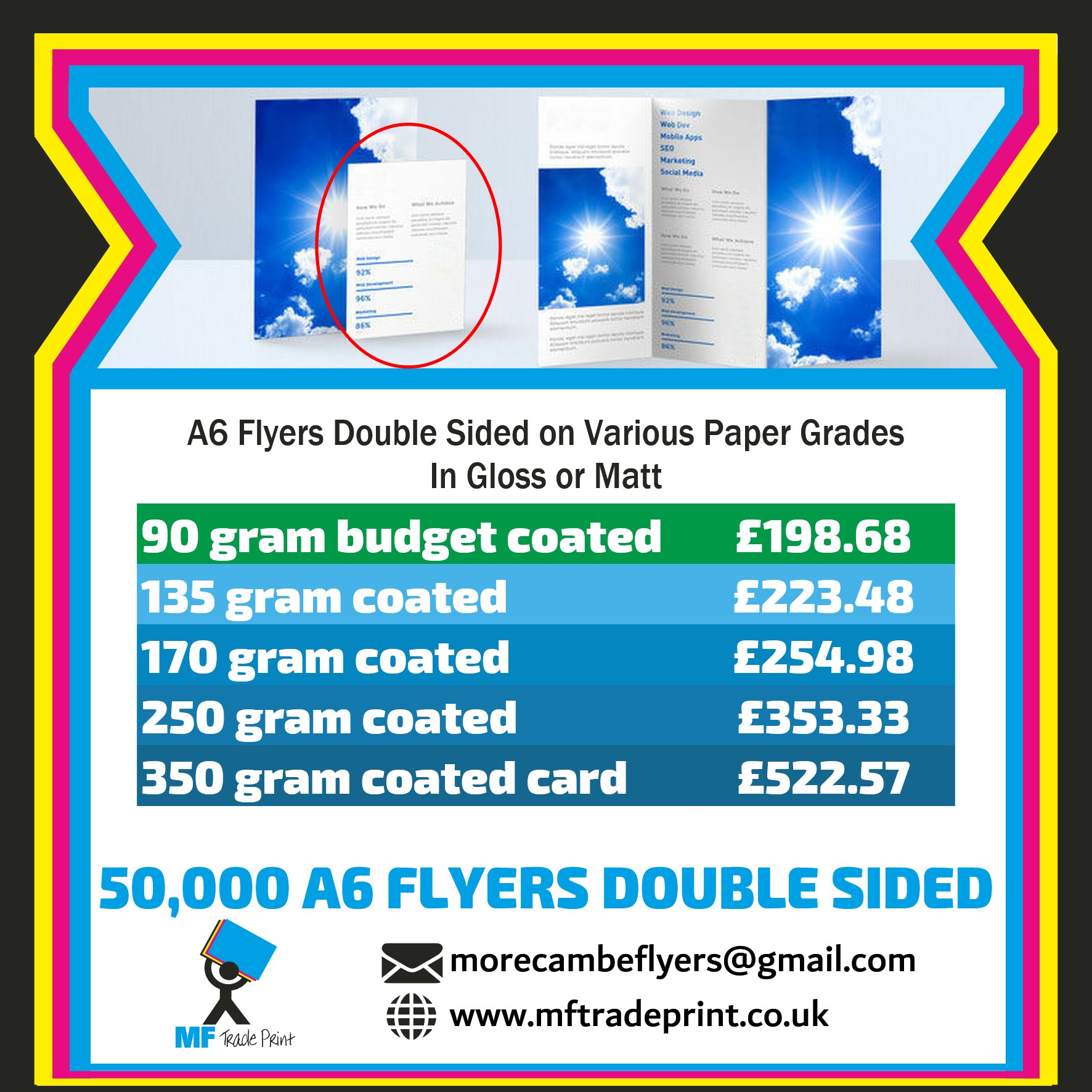 50,000 A6 flyers double sided on various paper grades 00