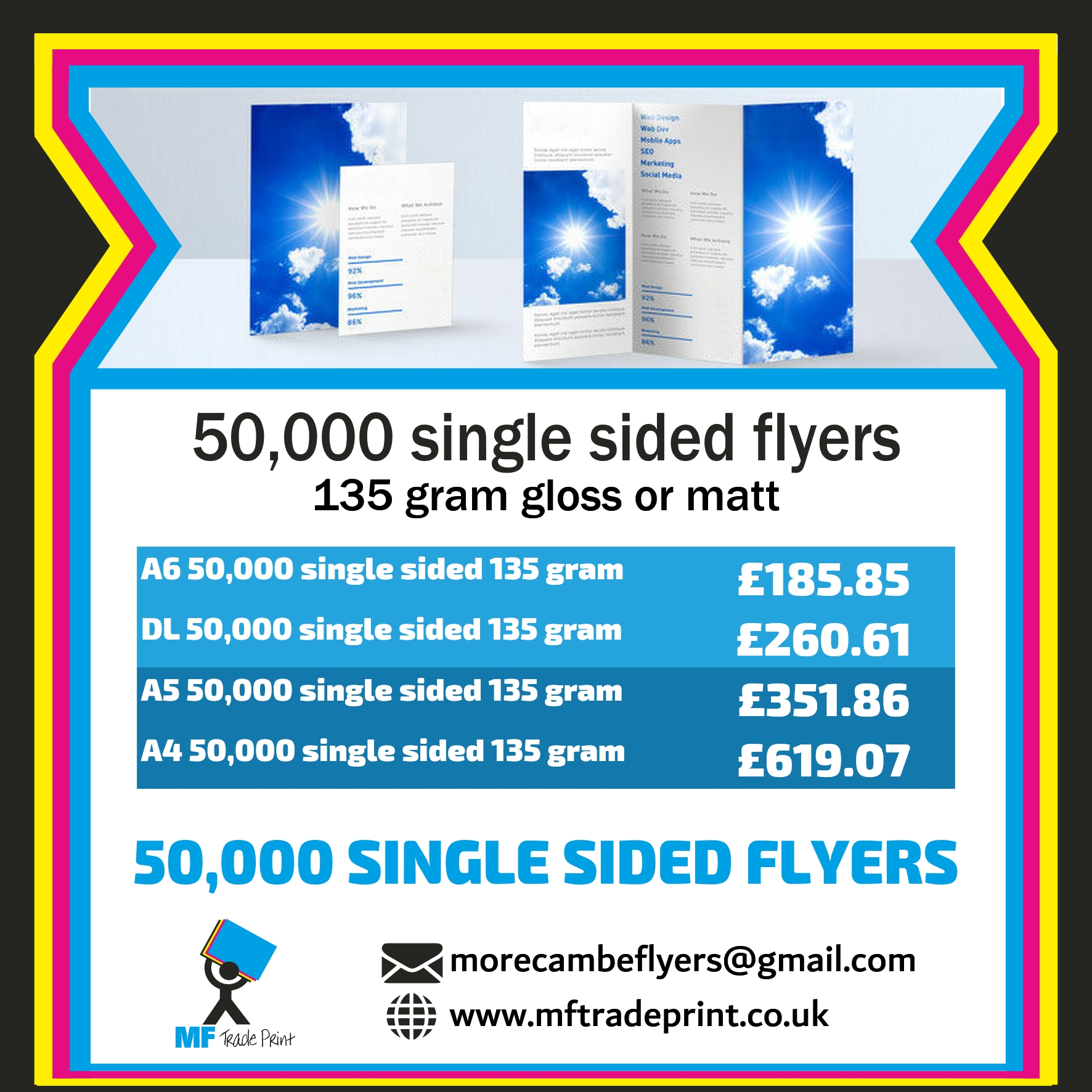 50,000 flyers all sizes single sided print