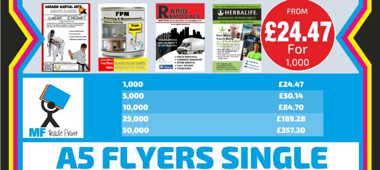 A5 flyers leaflets single sided 135 gram full colour sahre