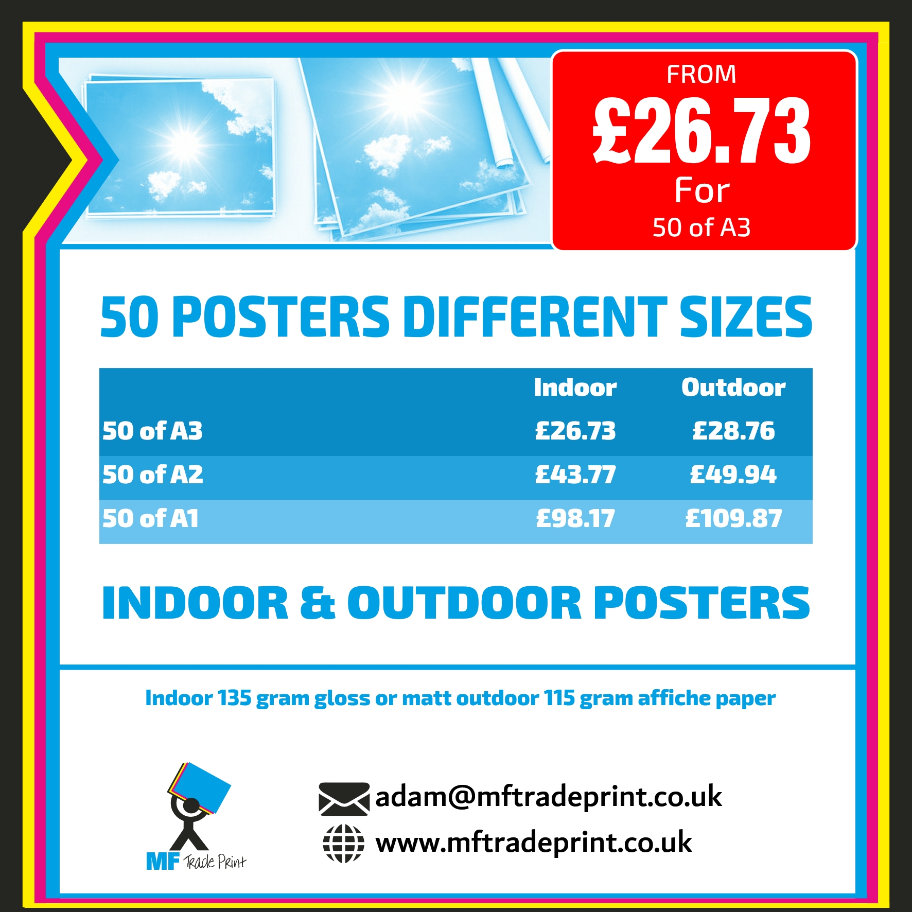 50 waterproof posters print various sizes full colour print