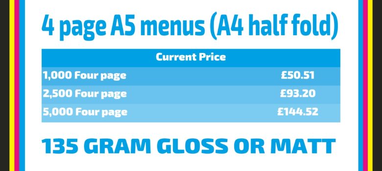 A5 four page folded menus full colour