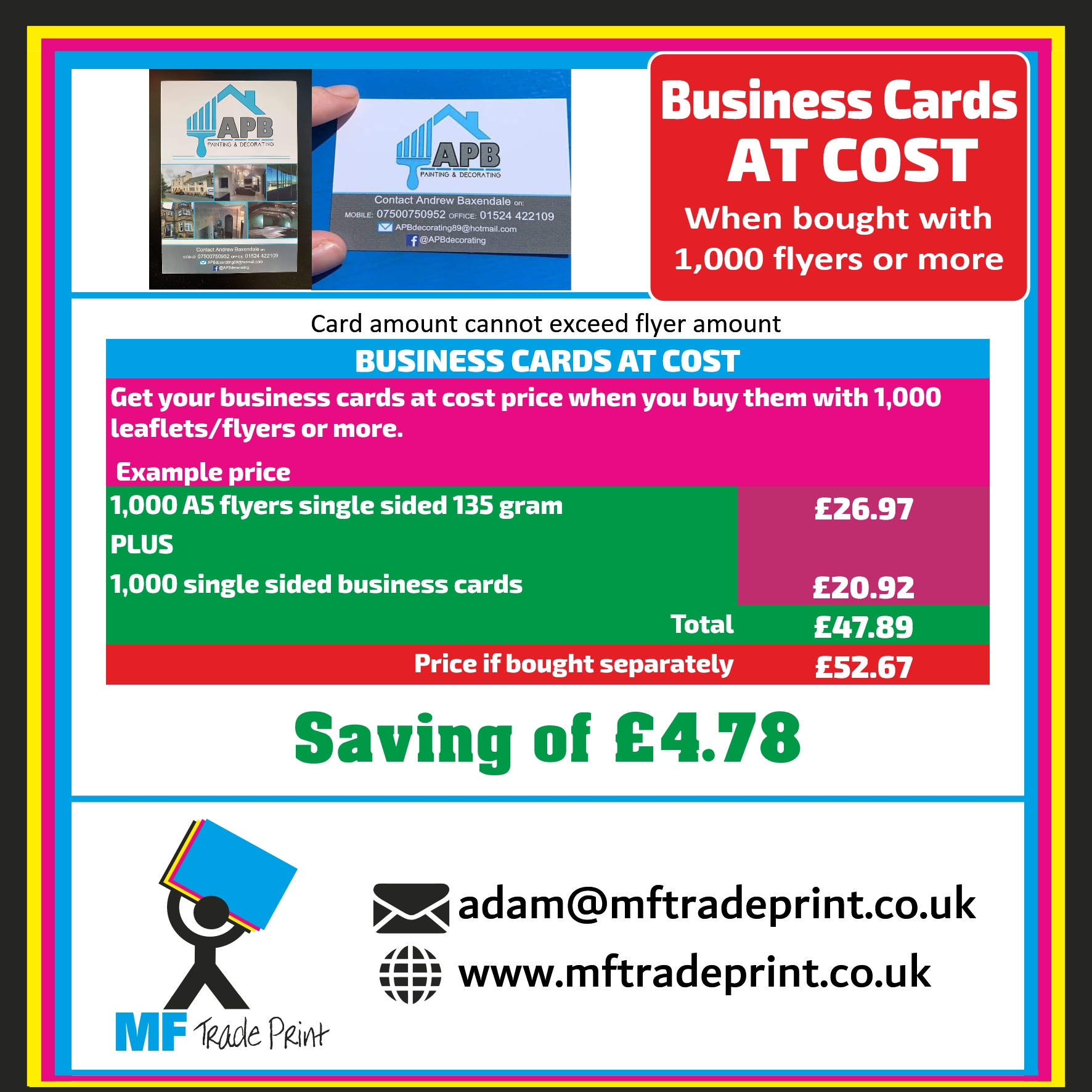 Business cards at cost price if bought with flyers leaflets