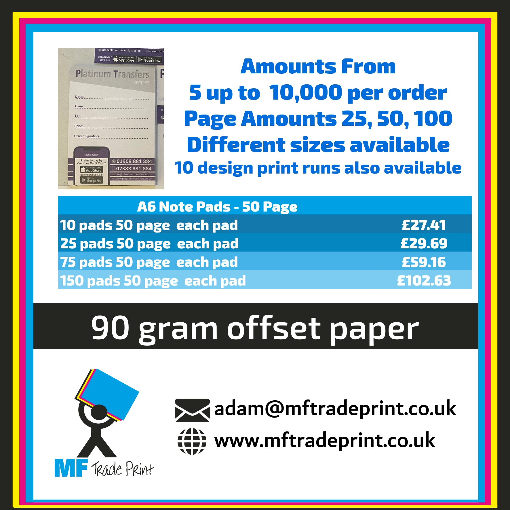 A6 notepads single page receipt books