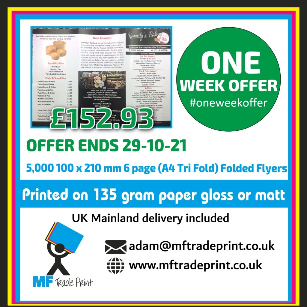 #oneweekoffer A4 tri fold flyers folded menus low cost print