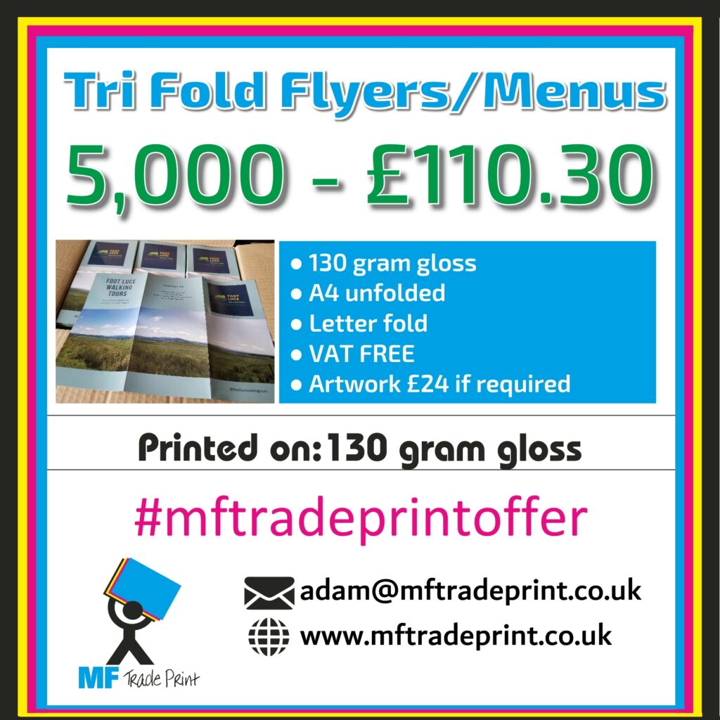 A4 tri fold flyers menus low cost full colour trade print