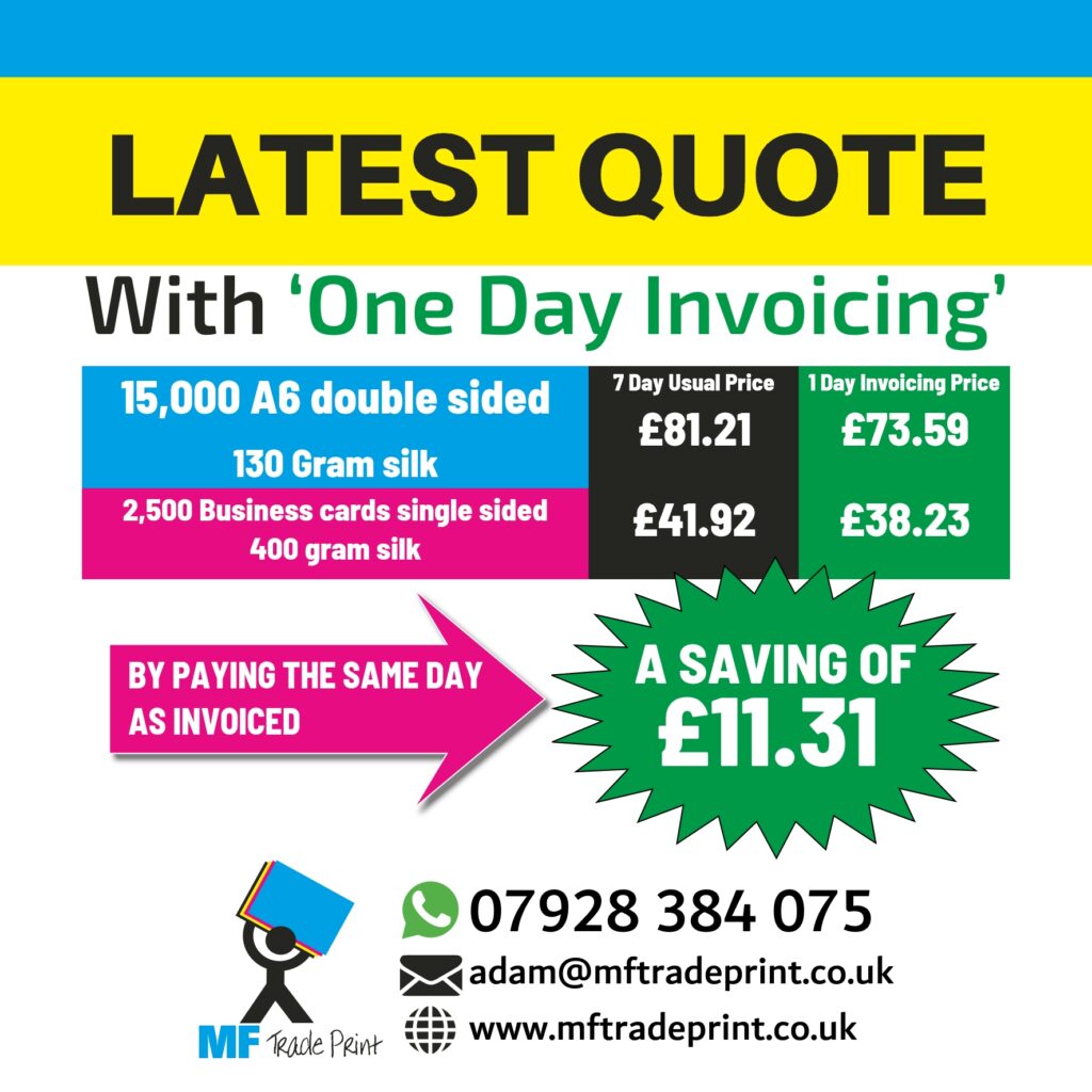15,000 A6 double sided flyers and bussiness cards one day invoice cheap as chips