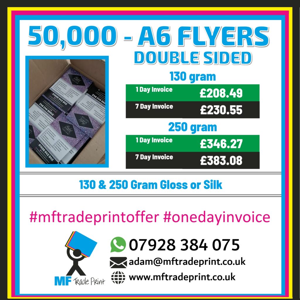 50,000 A6 printed flyers double sided on 250 gram quality paper offer price