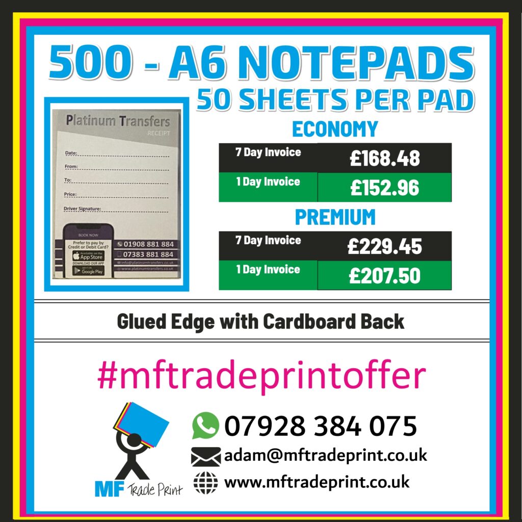 printed note pads premium or economy full colour cheap as chips