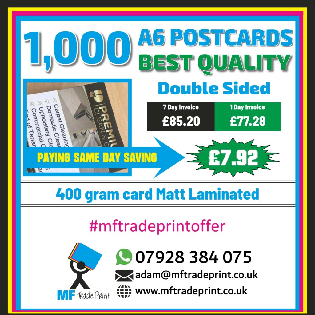 1,000 A6 postcards top quality drop cards 400 gram laminated