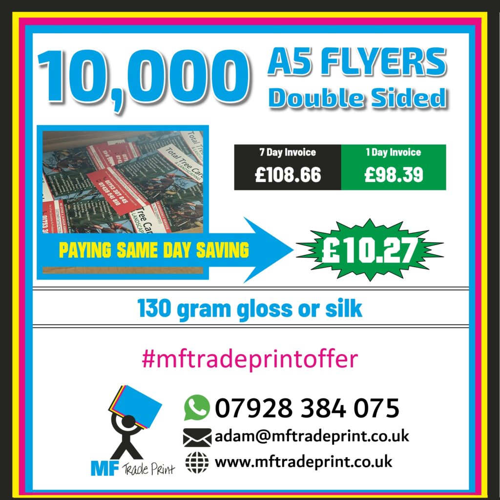 10000 A5 flyer double sided printed on a 130 gram in gloss or silk