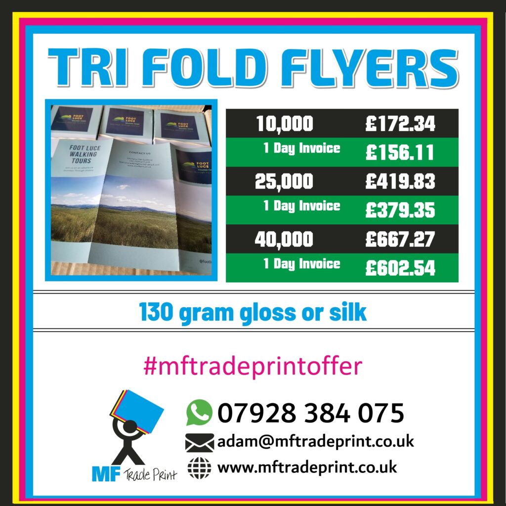 Tri fold flyers full colour bulk buy one day invoice
