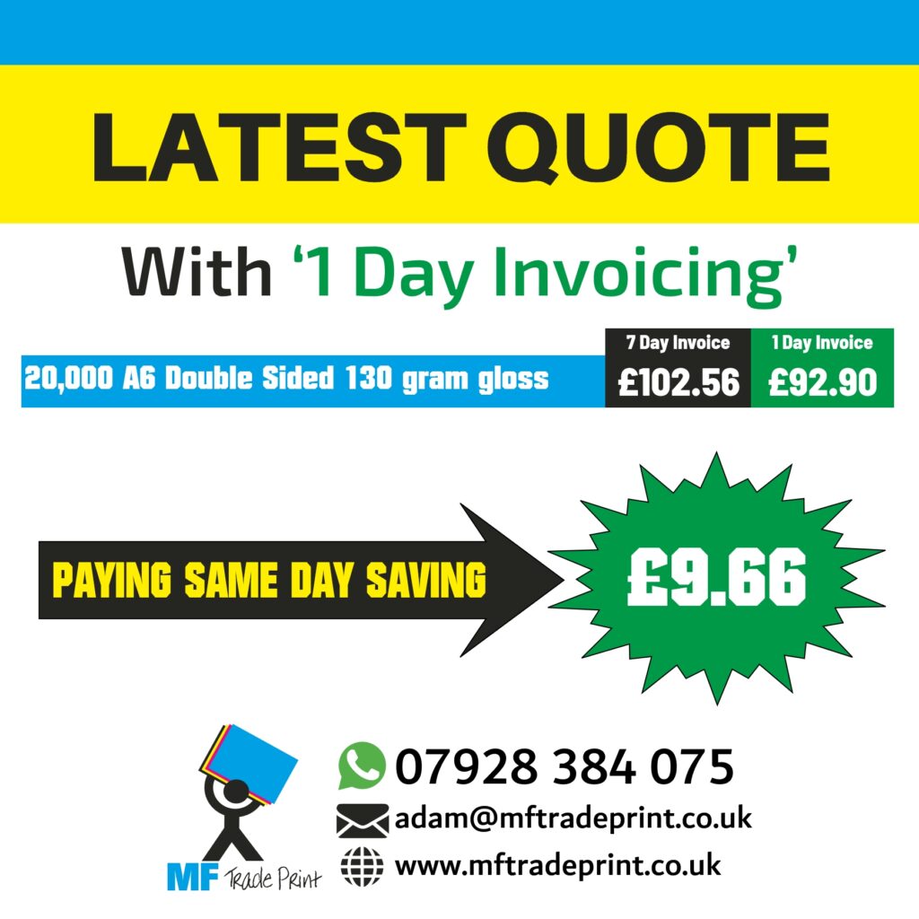 latest print quote 20000 A6 flyers double sided offer price one day invoice