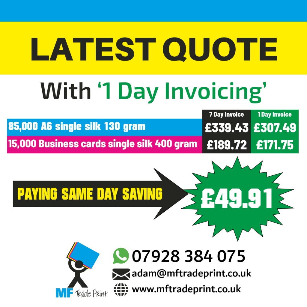 latest print quote 85000 A6 flyers single sided offer price one day invoice