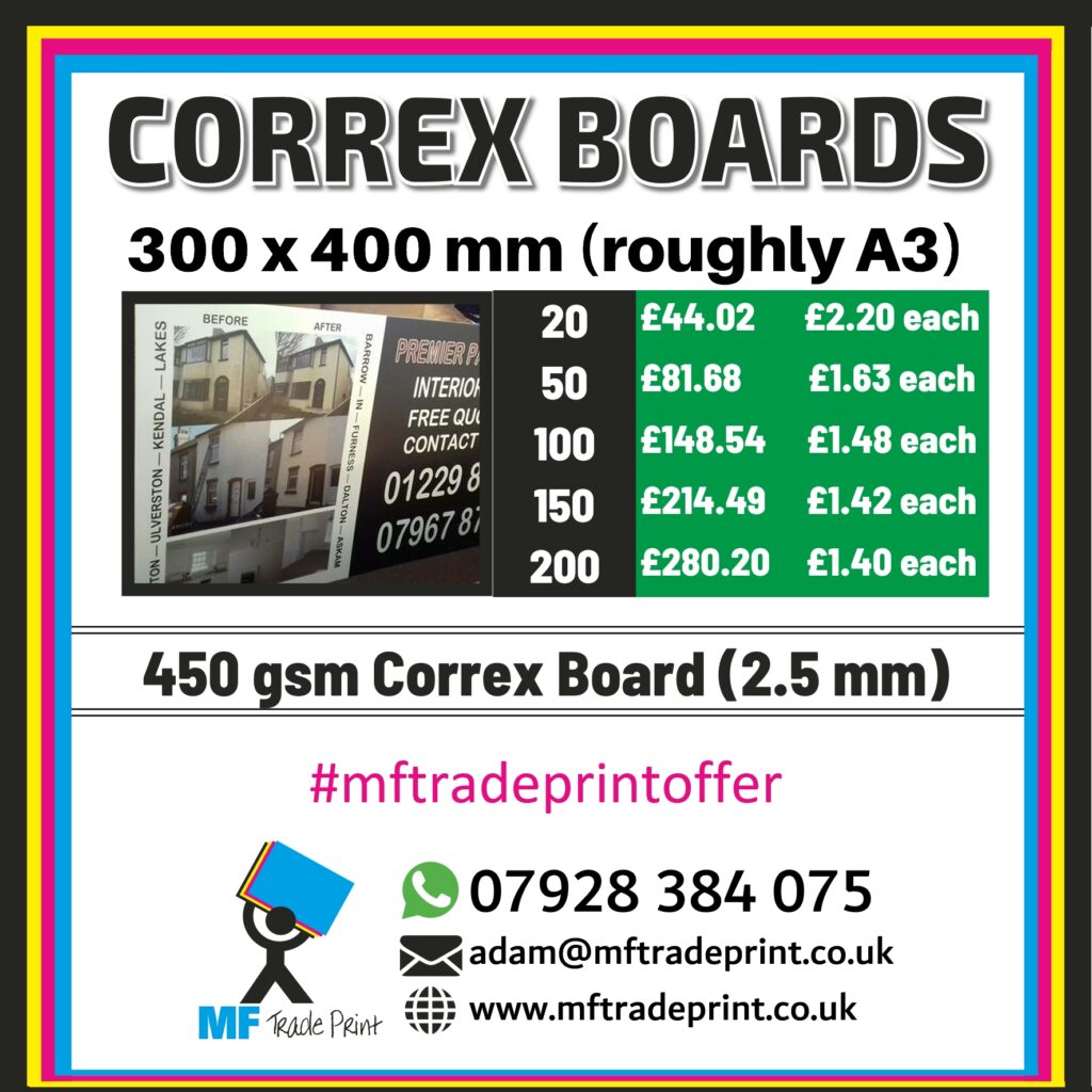 A3 printed full colour correx boards bulk buy