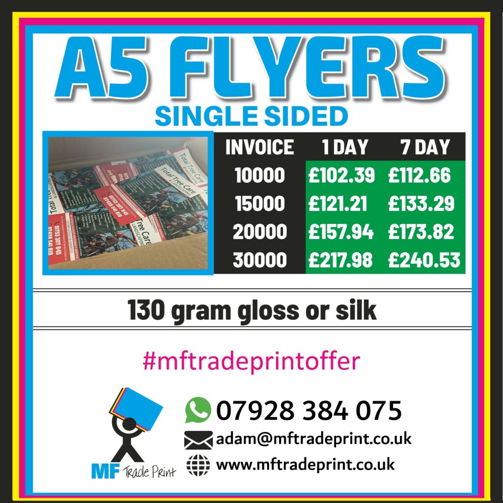 A5 single sided flyers bulk buy one day invoicing savings