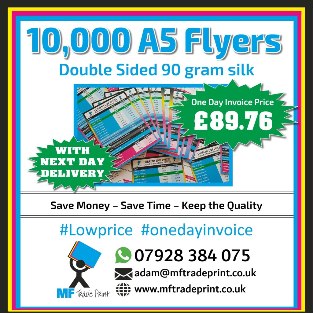 10000 A5 double sided flyers next day delivery top quality full colour leaflets post office drops