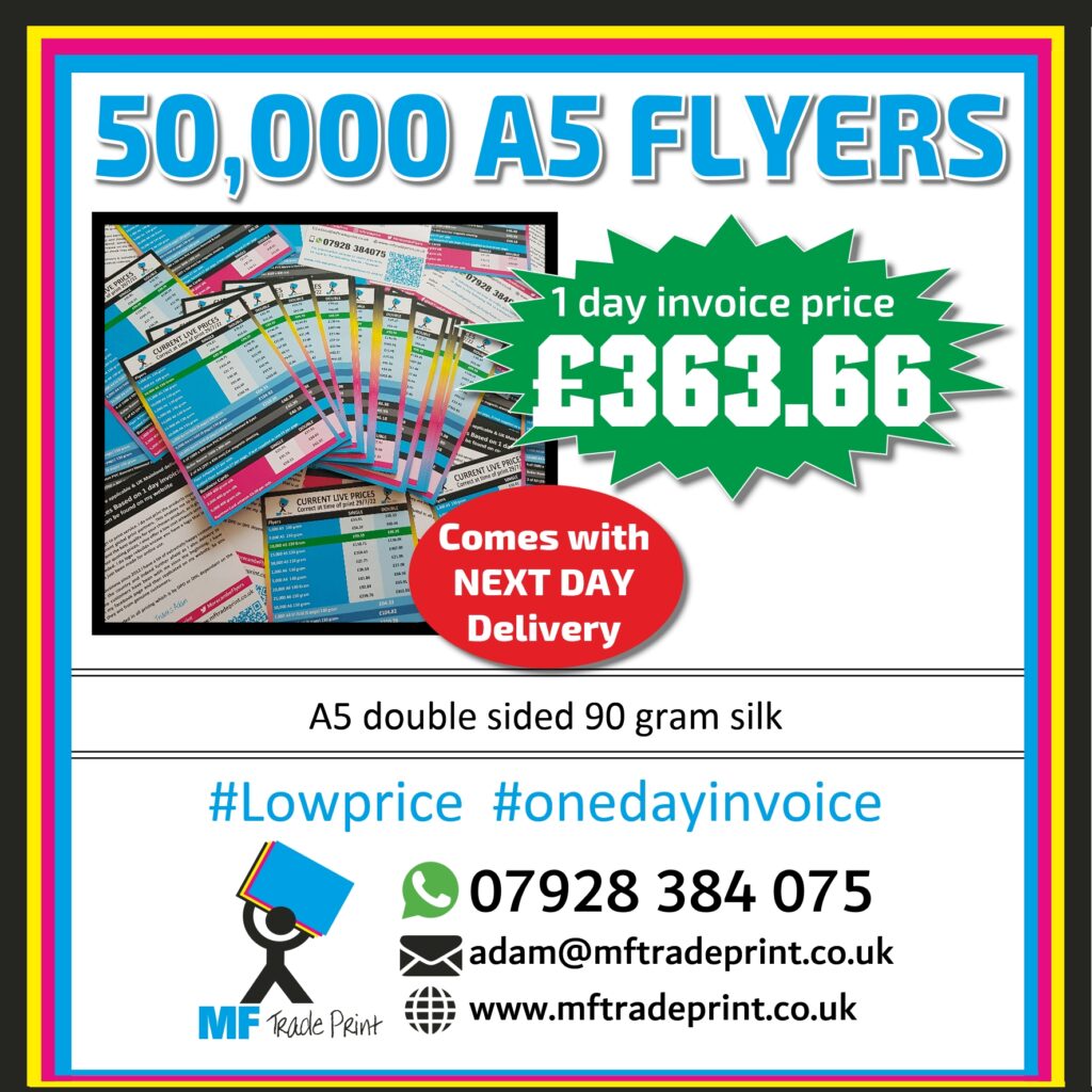 50000 budget A5 double sided flyer top quality full colour leaflets post office drops