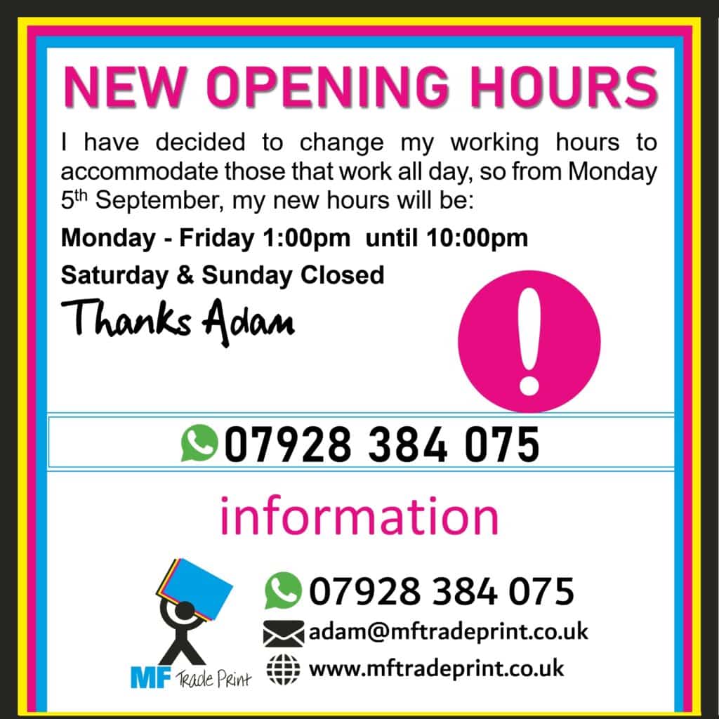 MF Trade Print new opening hours