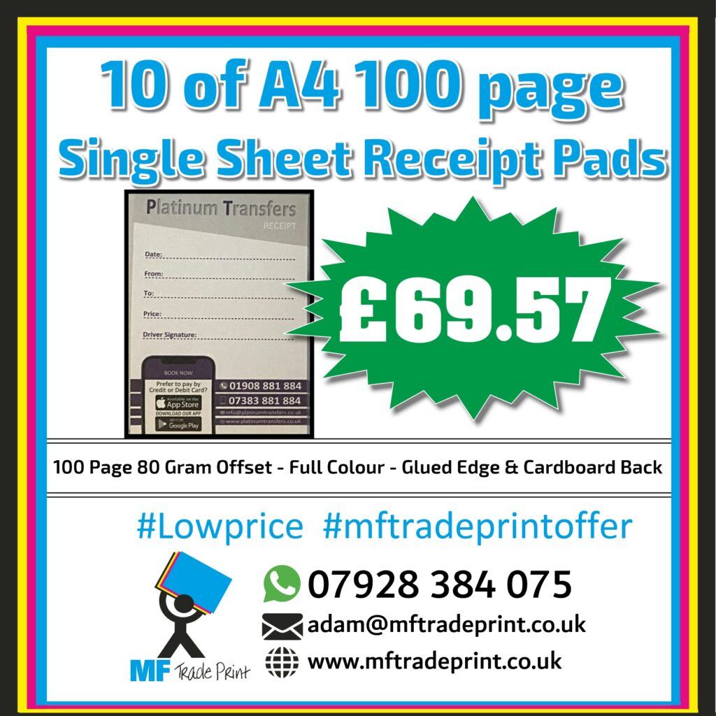 10 A4 receipt books 100 page full colour