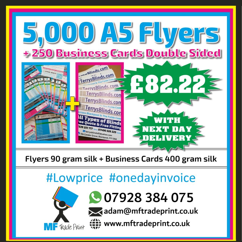 5000 A5 flyers full colour double sided and 250 business cards full colour