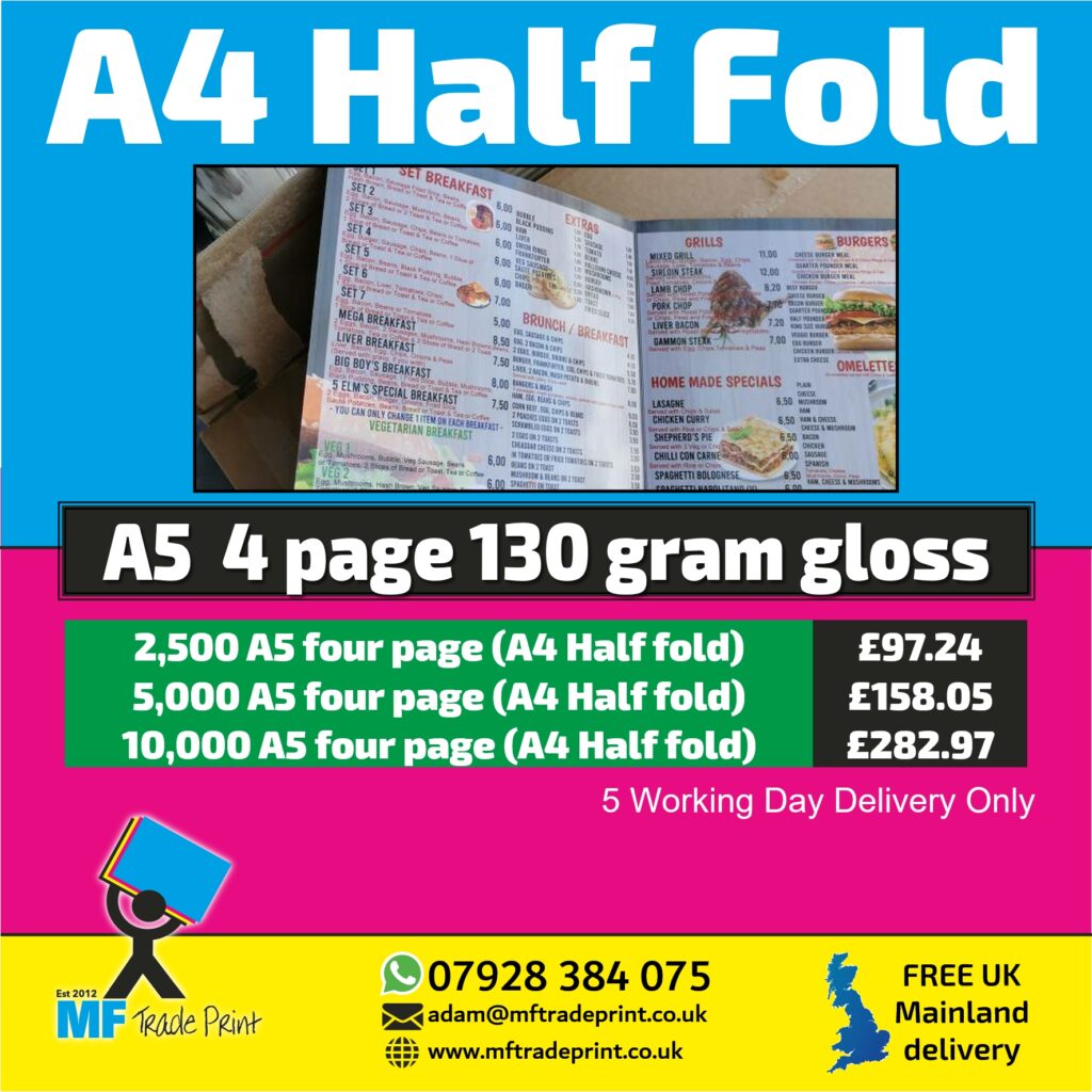 A4 Half Fold Menus