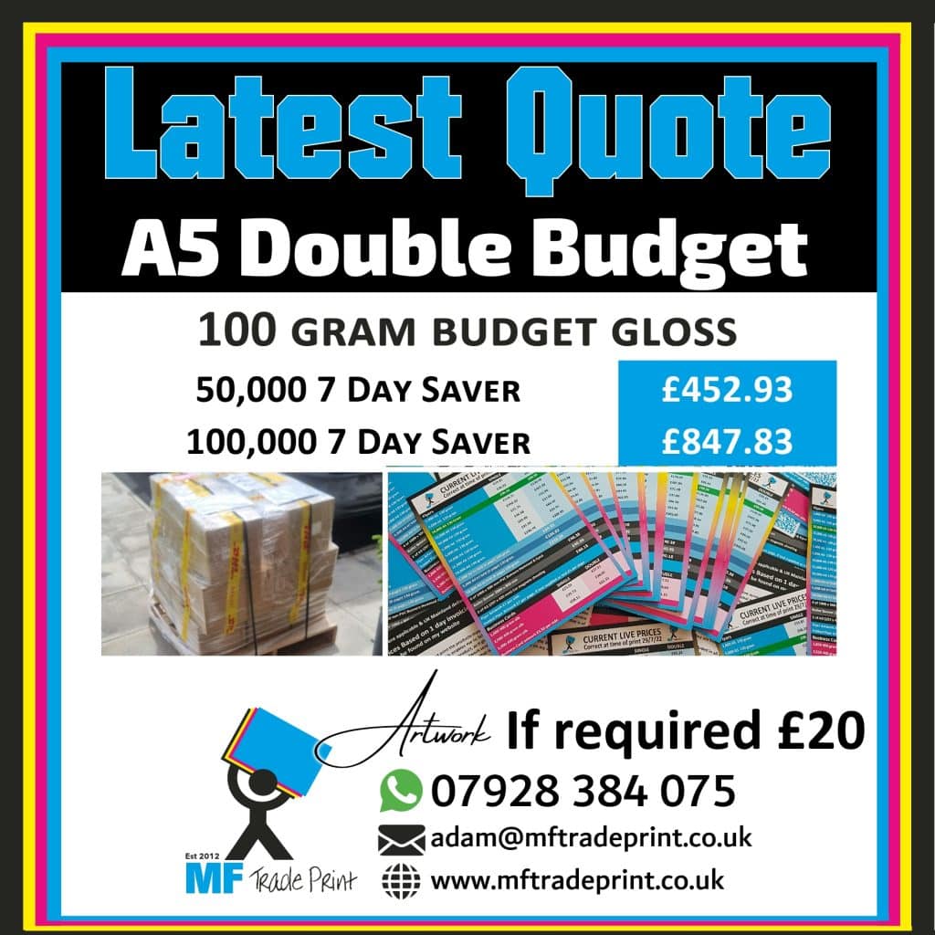 latest flyer leaflet quote 100 gram budget 7 day saver 100,000 Flyers A5