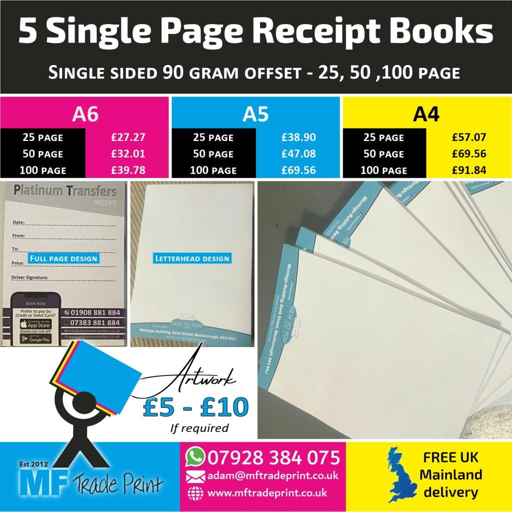 Note Pads or single page receipt books