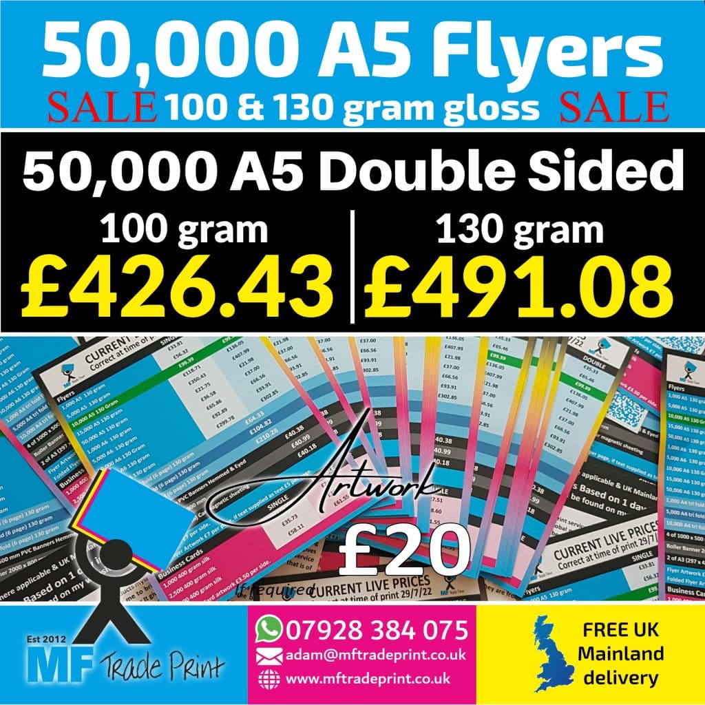 50,000 A5 double sided 130 gram sale price