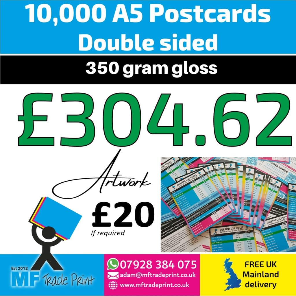 10,000 A5 postcards 350 gram gloss