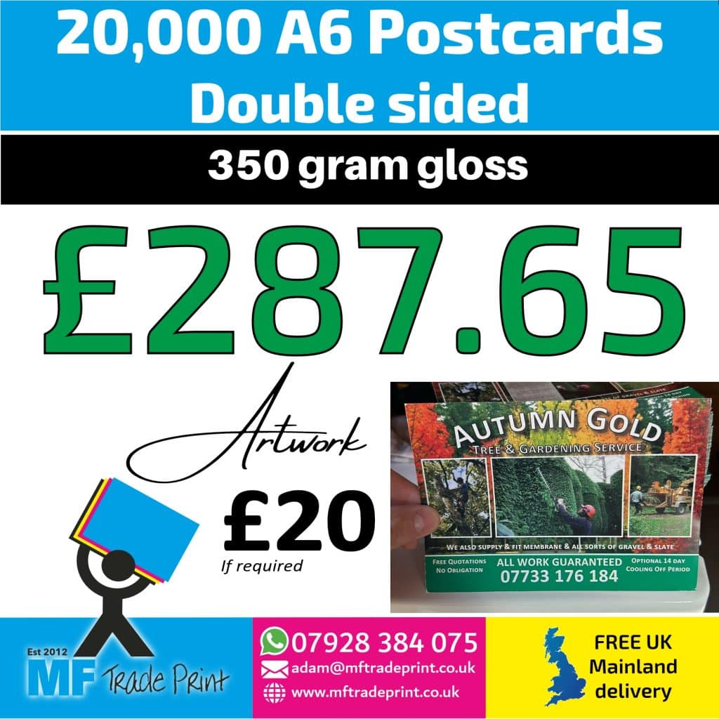 20,000 A6 postcards 350 gram gloss